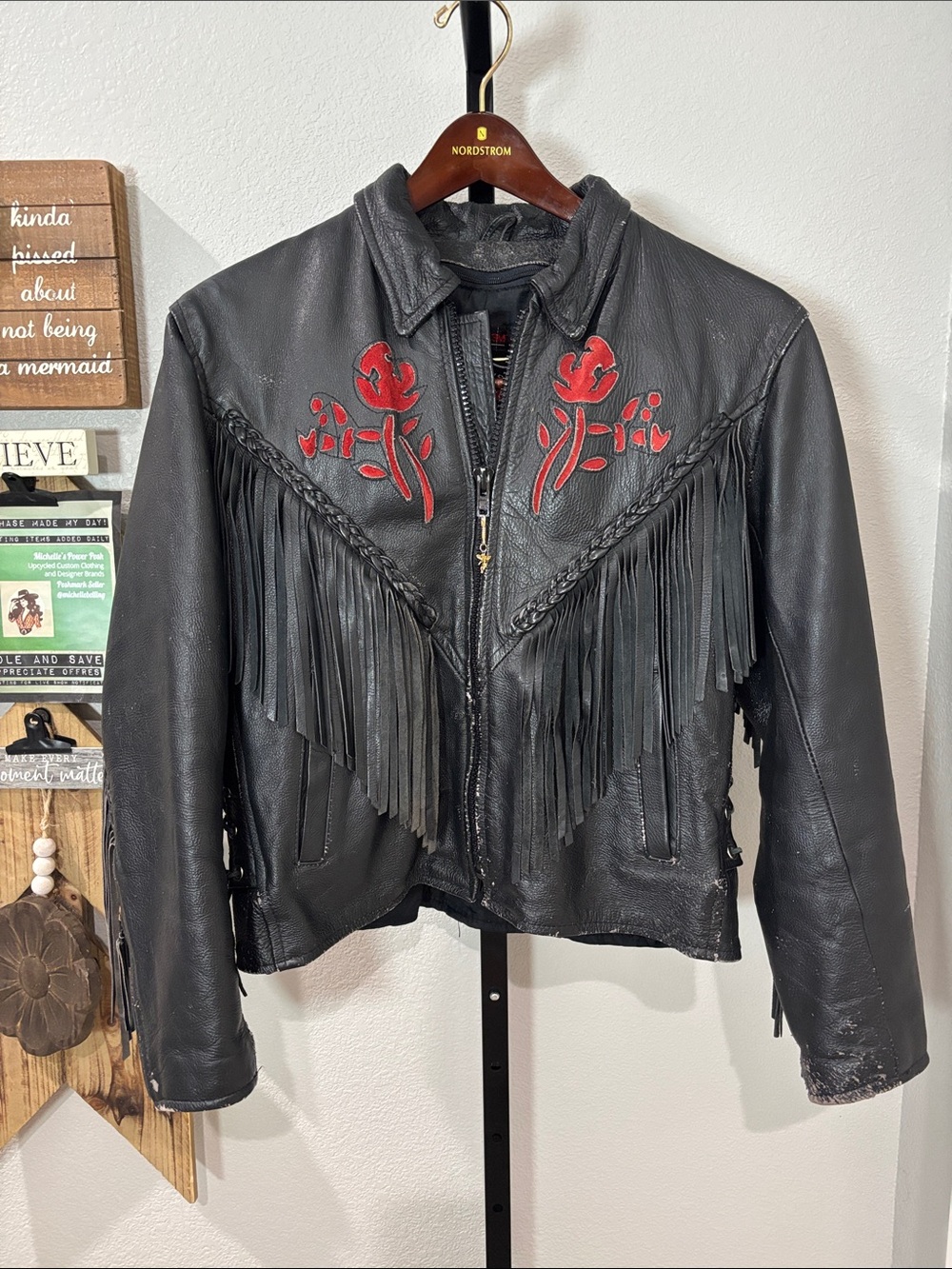 Black Leather Fringe Jacket with Red Embroidery - Women well worn in pics show!
